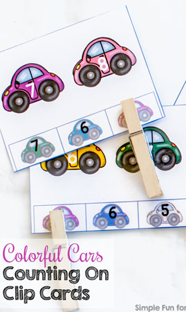 Free Math Printables for Kids: Colorful Cars Counting On Clip Cards for preschoolers and kindergartners.