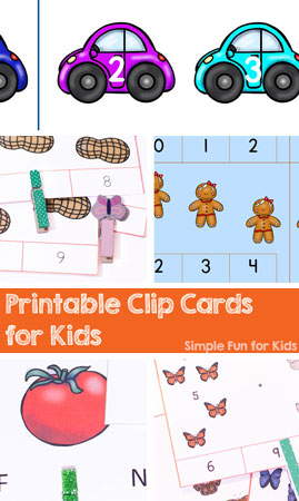 Check out all the fun and educational printable clip cards Simple Fun for Kids is sharing! They cover many math, literacy, and other concepts for toddlers, preschoolers, and kindergartners