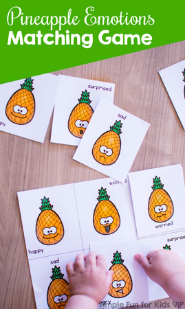Talk about emotional states such as happy, excited or angry with your toddler or preschooler using this cute, printable Pineapple Emotions Matching Game!