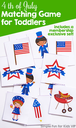 This cute printable 4th of July Matching Game is perfect for little toddler and preschooler hands and attention spans. Play different levels of matching and memory games on all patriotic holidays. (One VIP membership exclusive set included!)
