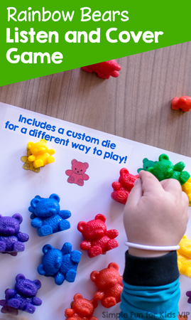 Practice following instructions and work on color word vocabulary with this printable Rainbow Bears Listen and Cover Game! Perfect for toddlers who are learning their colors. (Also includes a die template to make it a roll and cover game.)
