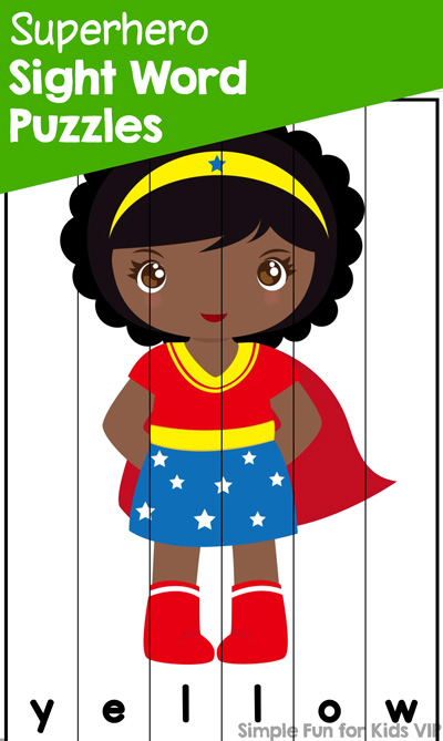 A fun, quick, and simple way of reviewing and learning pre-primer sight words: Printable Superhero Sight Word Puzzles! Perfect for preschoolers and kindergarteners.