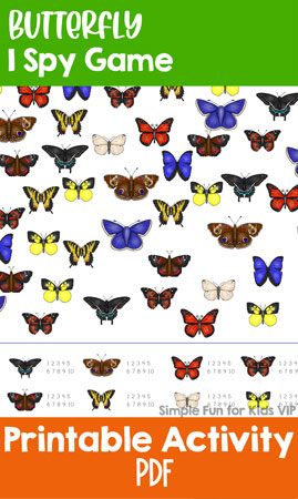 Practice counting, visual discrimination, visual scanning, 1:1 correspondence, number recognition and more with this printable Butterfly I Spy Game for preschoolers and kindergartners.