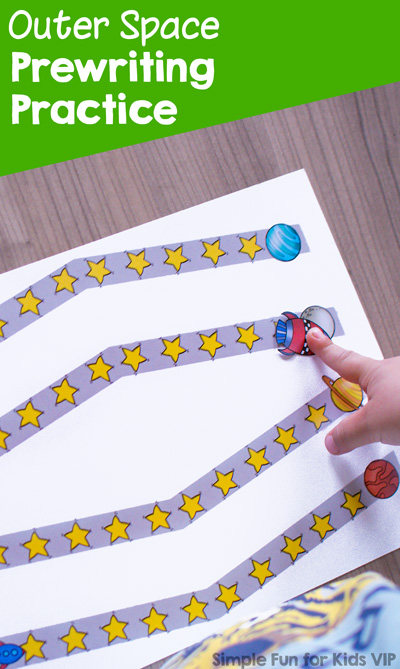 Practice left to right progression and tracing a line with this cute Outer Space Prewriting Practice Printable! Includes straight lines, zigzag lines, and curved lines for different skill levels. Toddlers and preschoolers can practice moving the spaceships to their destination planets!