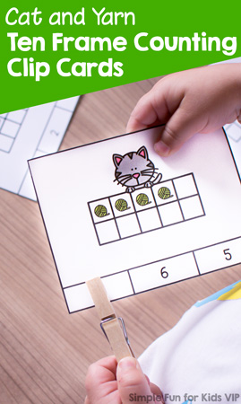 Fun counting and fine motor practice for preschoolers with this set of cute printable Cat and Yarn 10 Frame Counting Clip Cards.