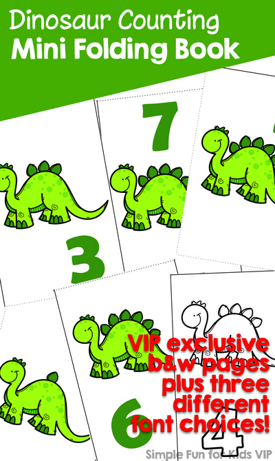 Practice counting and number recognition with preschoolers and kindergarteners with this cute printable Dinosaur Counting Mini Folding Book! VIP members get a choice of three different fonts plus black and white versions.