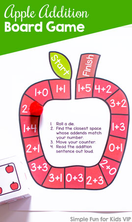 Have fun while practicing addition with a simple die game: Cute printable no prep Apple Addition Board Game for kindergarteners and first graders! (Optional apple dice templates included.)