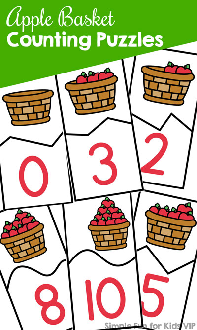 Practice counting and fine motor skills with these printable Apple Basket Counting Puzzles! This printable covers numbers 0 through 10 for preschoolers and kindergarteners and is a part of the 7 Days of Apple Printables for Kids series.