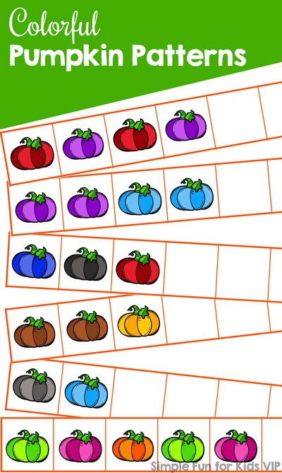 Practice simple patterns and fine motor skills by cutting and pasting these Colorful Pumpkin Patterns! Basic math skills, part of the 7 Days of Pumpkin Printables for Kids series.