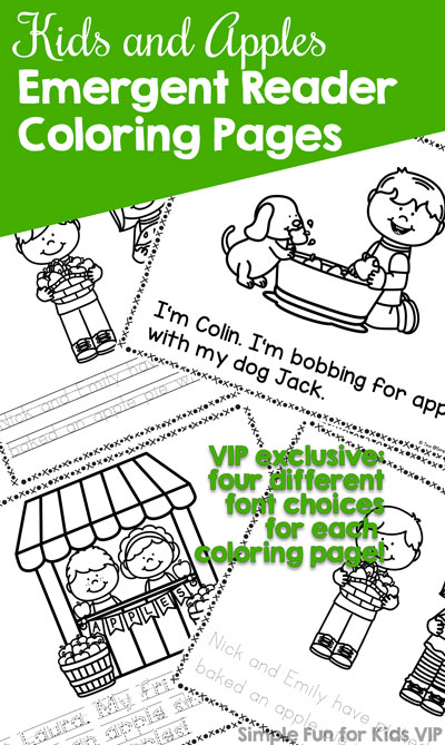 So cute! Kids and Apples Emergent Reader Coloring Pages, perfect for fall and for coloring, reading, tracing, and more! {Part of the 7 Days of Apple Printables for Kids series.} The VIP version offers four different font choices.