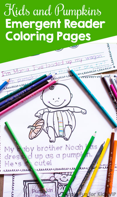 Practice reading, handwriting, and fine motor skills with these cute Kids and Pumpkins Emergent Reader Coloring Pages! Great for all ages from toddlers to first graders, and part of the 7 Days of Pumpkin Printables series.