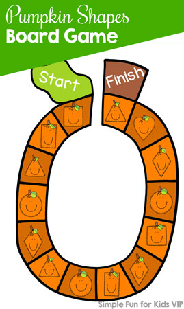 Have fun learning and reviewing shape recognition with this cute printable Pumpkin Shapes Board Game! Perfect for toddlers and preschoolers and part of the 7 Days of Pumpkin Printables for Kids series on Simple Fun for Kids.