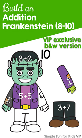Practice addition with a Halloween theme and this cute printable Build an Addition Frankenstein (8-10) activity for kindergarteners. Perfect for math centers, home, and afterschooling. {Day 1 of the 7 Days of Halloween Printables for Kids.}