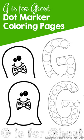 Help your preschooler or toddler to get to know the letter G with these cute G is for Ghost Dot Marker Coloring Pages! {Part of the 7 Days of Halloween Printables for Kids series.}