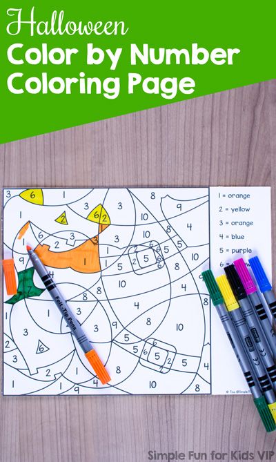Great for fine motor skills, practicing color sight words, and number recognition: Halloween Color by Number Coloring Page for preschool and kindergarten. {Part of the 7 Days of Halloween Printables for Kids series.}