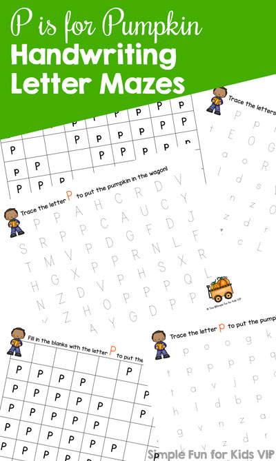 Practice writing the letter P in both upper and lowercase with these cute P is for Pumpkin Handwriting Letter Mazes! Includes both tracing and fill-in-the-blank versions. The VIP edition also includes black and white pages.