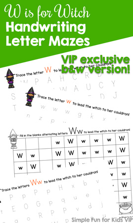 W is for Witch Handwriting Letter Mazes