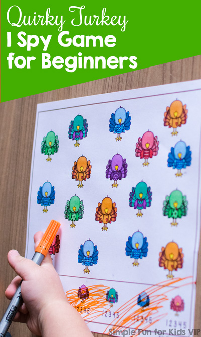 New to I spy games? Try this cute no prep Quirky Turkey I Spy Game for Beginners. Counting up to 5 and 1:1 correspondence. {Part of the 7 Days of Turkey Printables for Kids series.}