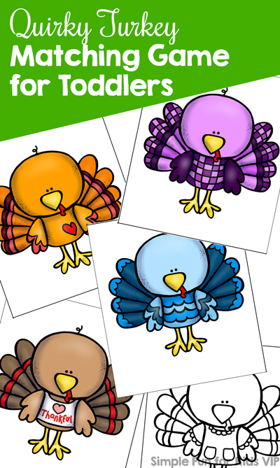 Toddlers love matching! These cute colorful turkeys are fun to look at and talk about, and the cards are the perfect size for little hands: Quirky Turkey Matching Game for Toddlers! B&w and in color. {Part of the 7 Days of Turkey Printables for Kids.}