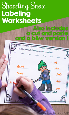 Practice handwriting, fine motor skills, reading, and labeling with these cute printable Shoveling Snow Labeling Worksheets. Includes a cut and paste version and requires no preparation. Great for kindergarten and first grade.