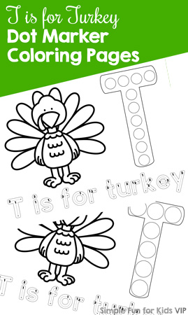 Explore the letter T with these cute, simple T is for Turkey Dot Marker Coloring Pages! Toddlers and preschoolers love them, and kindergarteners can use them for review. {Part of the 7 Days of Turkey Printables for Kids series.}