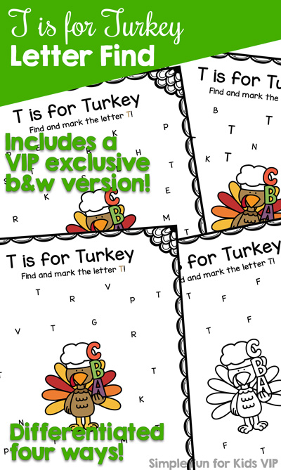 Work on letter recognition of letter T with these cute differentiated T is for Turkey Letter Find Printables for preschoolers and kindergarteners! {Part of the 7 Days of Turkey Printables for Kids.}