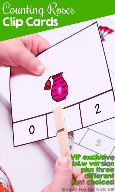 Valentine's counting: These cute printable Counting Roses Clip Cards cover numbers 0 through 10 and include an instruction card. Great fine motor and basic math practice for preschoolers and kindergarteners. Three different fonts in color and b&w available.