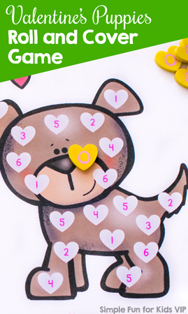 Quick and simple math games for kids: Try this cute Valentine's Puppies Roll and Cover Game with your preschooler or kindergartner! Simply print the pdf file, grab a die and a few manipulatives, and play!