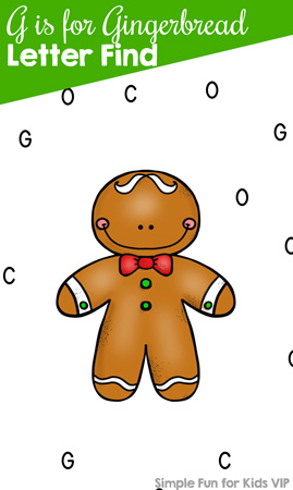 24 Days of Christmas Printables - Day 22: Reinforce letter recognition with this G is for Gingerbread letter find printable for toddlers, preschoolers, and kindergartners!