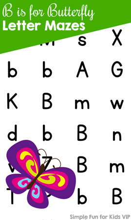 Learn Letters with Fun Letter Mazes! This printable B is for Butterfly Letter Maze is perfect for toddlers, preschoolers, and kindergarteners who are working on letter recognition.