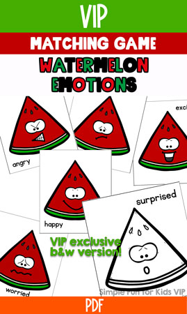Have fun exploring and discussing basic emotions with toddlers and preschoolers with this cute printable Watermelon Emotions Matching Game. Can be played on different levels, from absolute beginners to full memory games.