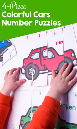 Learn colors and numbers with these simple 4-Piece Colorful Cars Number Puzzles for toddlers and preschoolers. Big pieces perfect for little hands!