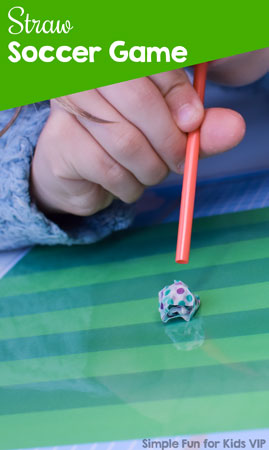Fun oral motor exercise for solo play or with a partner: Straw Soccer Game! Includes a printable soccer pitch to play on.
