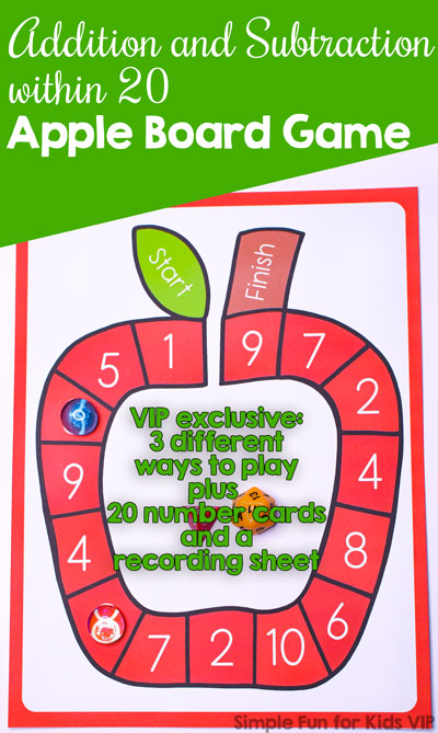 Work on common core standard CCSS.MATH.CONTENT.2.OA.B.2 with this fun Addition and Subtraction within 20 Apple Board Game! The VIP version includes 3 different ways to play, number cards, and a recording sheet. Perfect for a quick review with second graders!