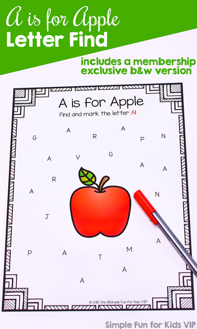 Learn about the letter a with this no prep printable A is for Apple Letter Find! Perfect for anyone learning their letters, from toddlers to preschoolers and kindergarteners.