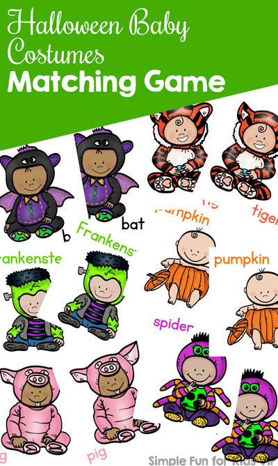 My 2-year-old thought these printable cards were hilarious: This Halloween Baby Costumes Matching Game for Toddlers was great fun for him and helped him improve his matching, 1:1 correspondence, visual discrimination, and visual scanning!