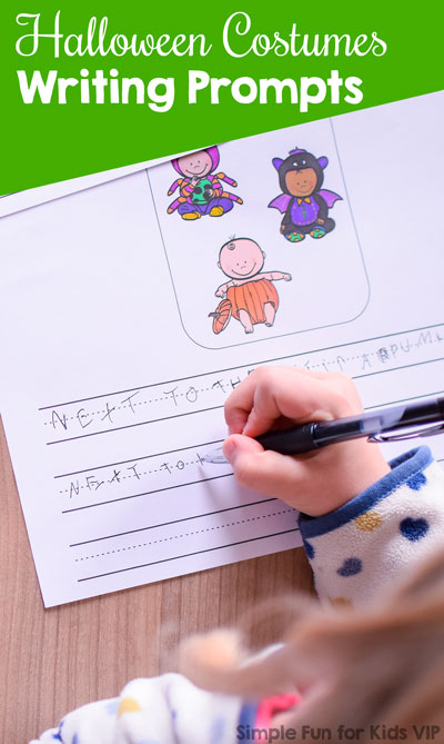 Give kindergarteners as much or as little help as they need when they start writing their own sentences: These printable Halloween Costumes Writing Prompts for Beginners include four variations with and without suggested words.