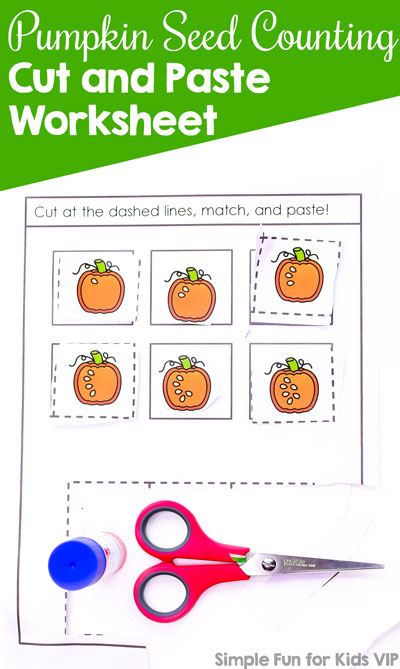 Cutting and pasting makes learning anything more fun! This cute printable Pumpkin Seed Counting Cut and Paste Worksheet is great for preschoolers and kindergarteners practicing counting and recognizing numbers 1-6.