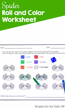 Practice counting and colors with this cute no prep spider roll and color worksheet! Perfect for Kindergarten math centers, homework, or early finishers.