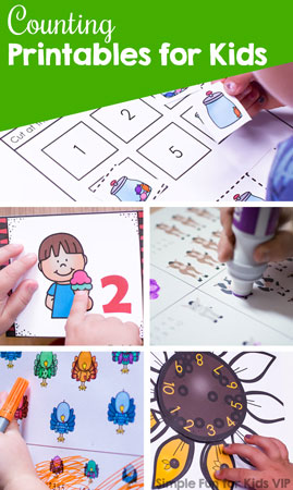 Learning to count? Check out these 50+ Counting Printables for Kids from Simple Fun for Kids! Includes no prep printables, number cards, cut and paste activities, puzzles, games, clip cards, and more for toddlers, preschoolers, and kindergarteners.