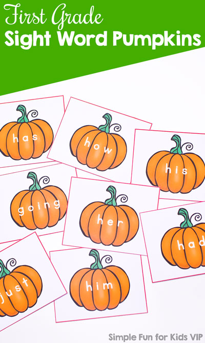 Learn first grade sight words with these cute printable pumpkins! Includes all 41 first grade Dolch sight words on one pumpkin each.