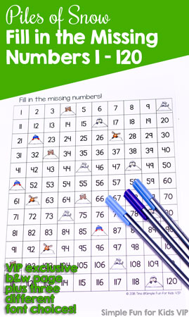 Practice number skills with a cute 120 board: Piles of Snow Fill in the Missing Numbers 1-120. No prep, quick printable first grade activity.