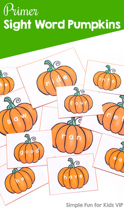 Help your preschooler, kindergartner, or first grader learn sight words with these Primer Sight Word Pumpkins! Use them as flash cards, for sensory bins, memory, and other games! Then get the other sets of pre-primer, first, second, and third grade sight words, too!