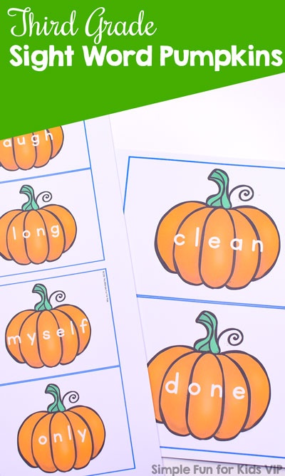 Kindergarteners and first graders will love learning and reviewing their sight words with these cute printable Third Grade Sight Word Pumpkins! Print at different sizes for flash cards, memory cards, and other uses.