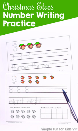24 Days of Christmas Printables - Day 24: Practice writing numbers, number words, counting, and working with ten frames with this Christmas Elves Number Writing Practice printable! Fun math for preschoolers and kindergartners.