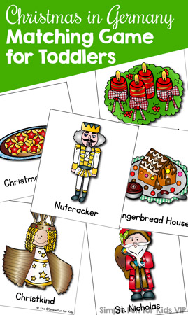 Learn about special German Christmas traditions with this printable Christmas in Germany Matching Game for Toddlers! (Day 20 of the 24 Days of Christmas Printables for Toddlers.)