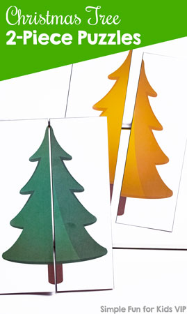 These simple puzzles for your toddler are perfect as an introduction to putting puzzles together and feature all of the colors of the rainbow: Christmas Tree 2-Piece Puzzles. (Day 13 of the 24 Christmas Printables for Toddlers.)