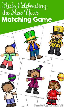 Perfect for New Year's Eve or just for fun: Play this printable Kids Celebrating the New Year Matching Game for Toddlers with a little one and work on matching, visual discrimination, 1:1 correspondence, fine motor skills, and more!