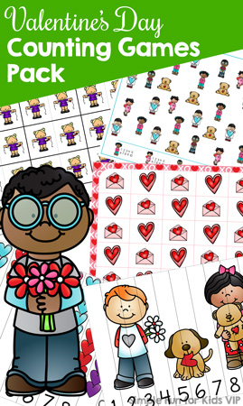 Valentine's counting fun for preschoolers and kindergarteners with this Valentine's Day Counting Games Pack! 5 different games with many variations: Dominoes, I Spy, Line-Up Puzzles, 2-Piece Puzzles, and Grid Games with an optional custom die. All in color and black & white and with two different styles for number 1.