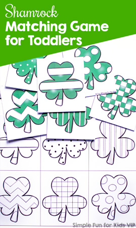 Match six shamrocks with different patterns in this simple, printable Shamrock Matching Game for Toddlers! Practice visual discrimination, 1:1 correspondence, and more with a St. Patrick's Day theme. (Day 3 of the 7 Days of St. Patrick's Day Printables for Kids series.)